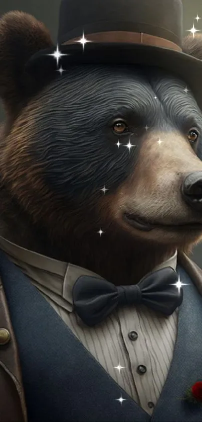 Dapper bear in a suit and bow tie illustration for mobile wallpaper.