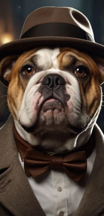 Charming bulldog in a suit and hat, exuding vintage elegance.