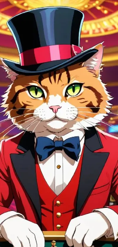 Elegant tuxedo cat in casino setting, vibrant mobile wallpaper.