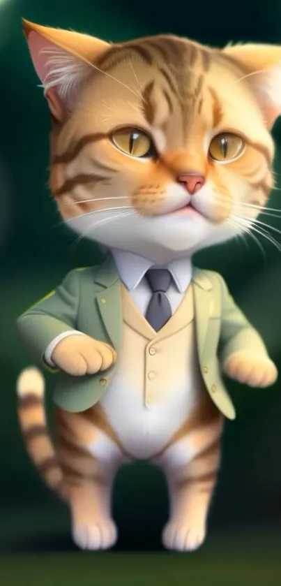 Adorable cat in a stylish suit on a green background.