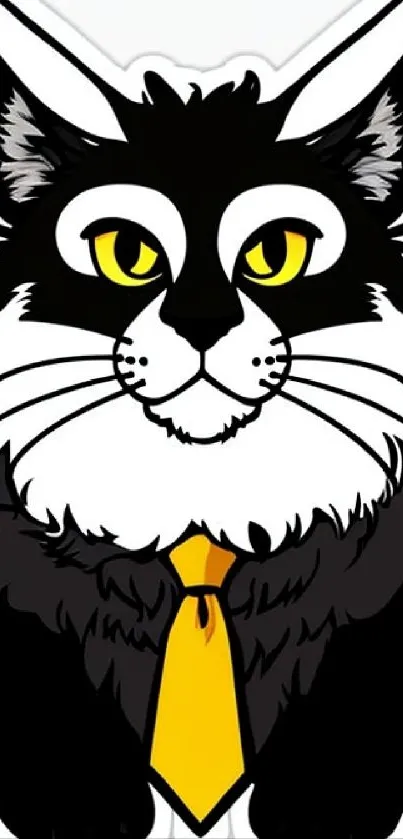 Dapper cartoon cat with yellow tie on wallpaper.