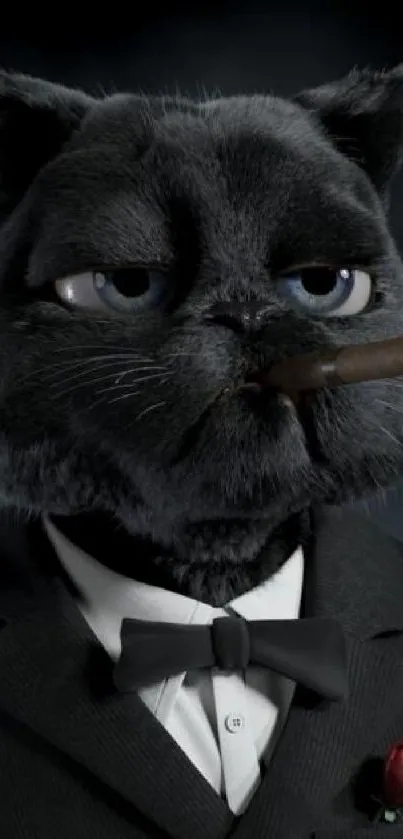 Black cat in tuxedo with bow tie, smoking a cigar.