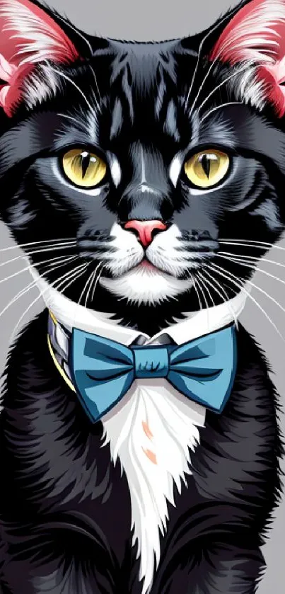 Illustrated dapper black cat with blue bow tie on gray background.