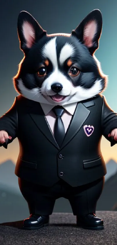 Charming Corgi in a sleek suit on a scenic background.