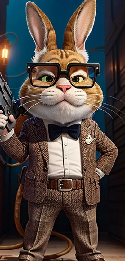 Dapper rabbit in suit holding a gun in an alley.