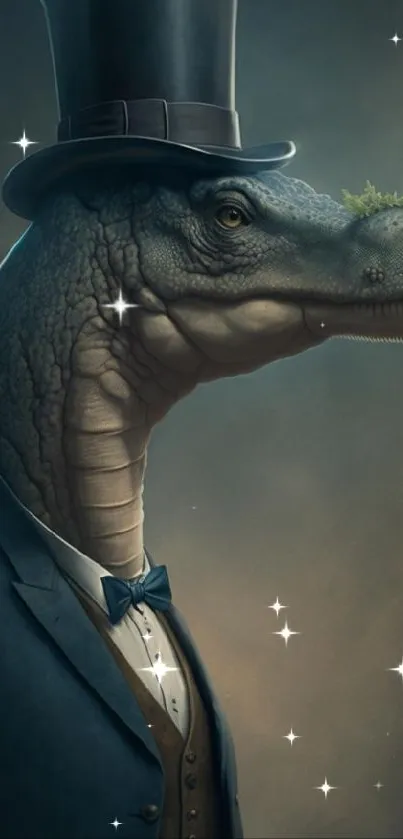 Dinosaur wearing a suit and top hat on a mobile wallpaper.