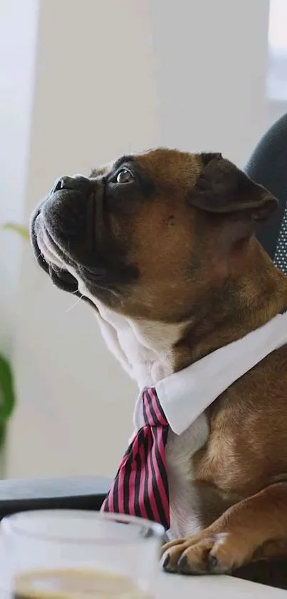 Adorable dog wearing a suit and tie in an office setting.