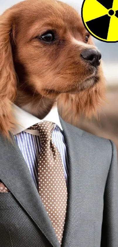 A dog in a suit with a brown landscape background and a radiation symbol.