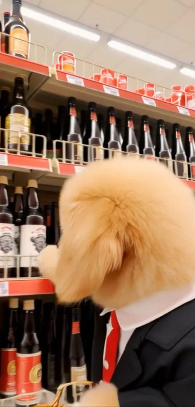 Dog in a suit browsing bottles in a store aisle.