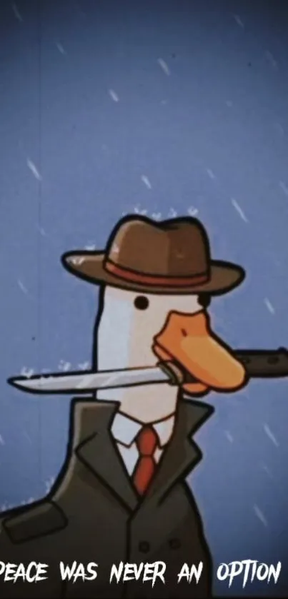 Duck in detective attire with knife, blue background.