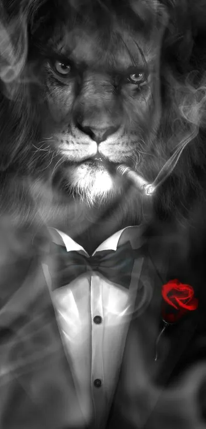 Dapper lion in a tuxedo with a smoky background on black.