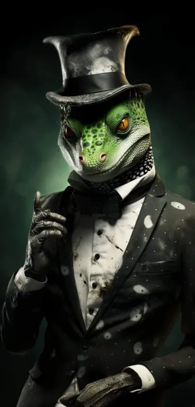 Dapper lizard in a tuxedo with top hat in elegant pose.