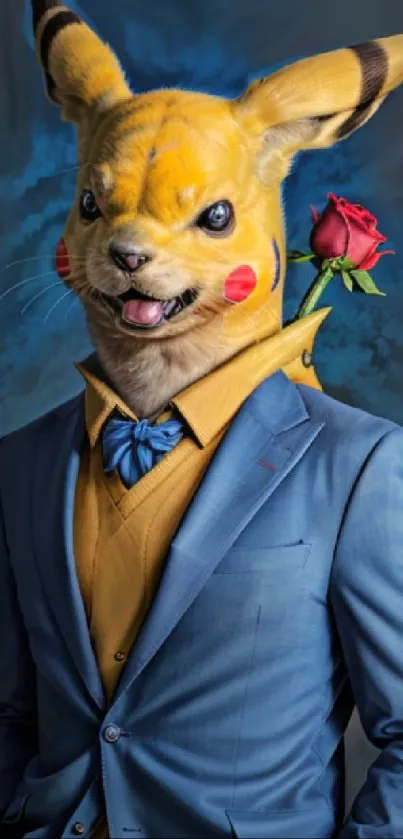 Dapper Pikachu wearing a blue suit and holding a red rose.