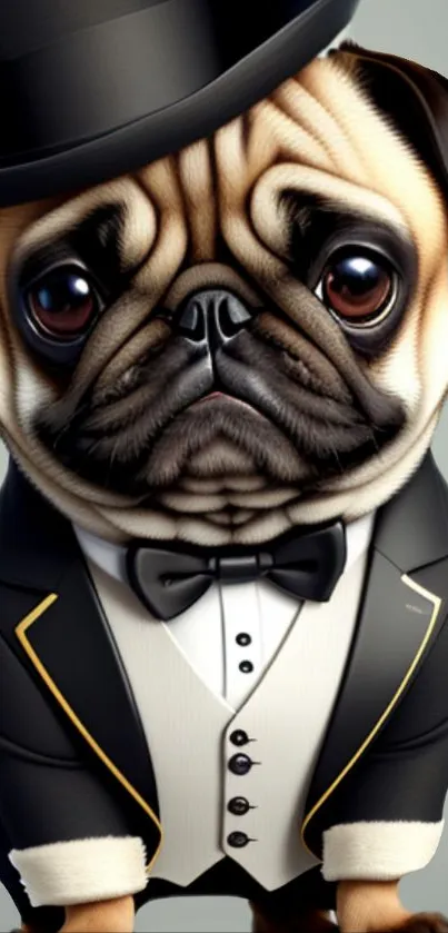 A cute pug in a tuxedo and top hat, perfect for mobile wallpaper.