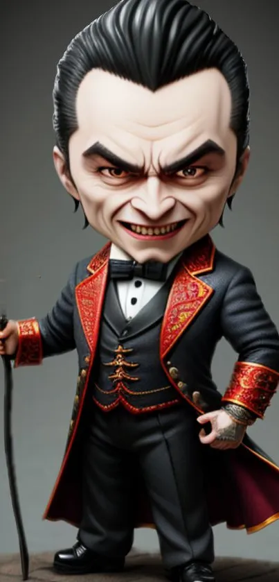 Stylish vampire character in a dark, red-accented suit, perfect for mobile wallpaper.