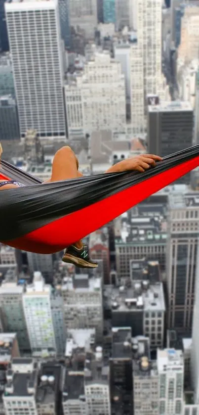 Person in hammock high above city skyscrapers.