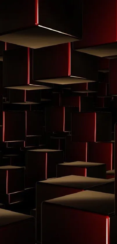 Dark 3D cube wallpaper with red accents and minimalist design.