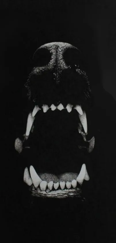 Monochrome art of an animal's roaring mouth with sharp teeth on a dark background.