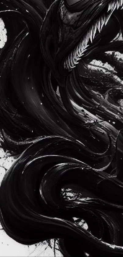 Dark abstract art with black swirling patterns.