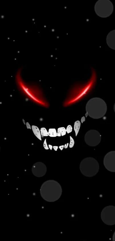 Dark abstract wallpaper with red eyes and teeth on black background.