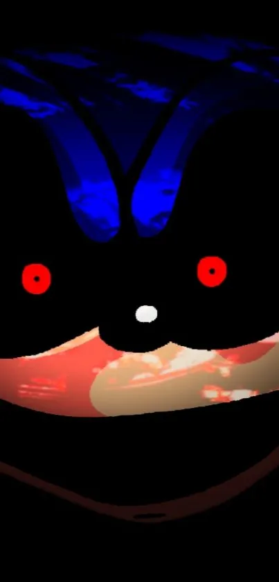 Dark abstract face with red eyes and blue highlights on black background.