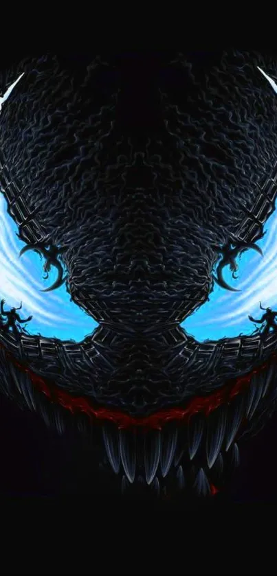 Dark abstract monster face with glowing eyes on black background.