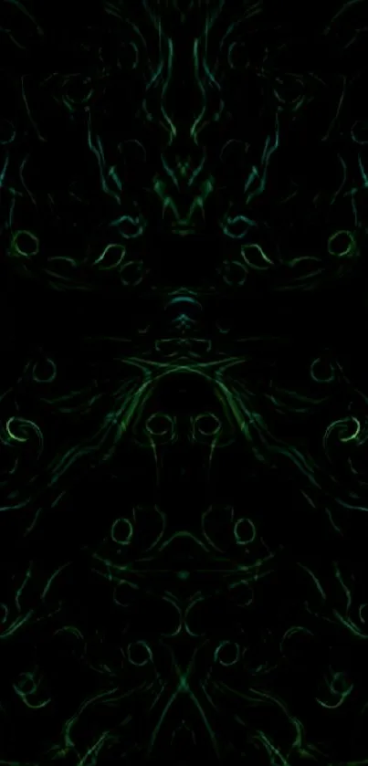 Dark abstract swirl wallpaper with green patterns.