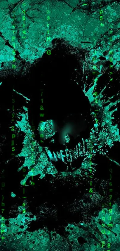 Mysterious dark tech wallpaper with vibrant green elements and digital effects.