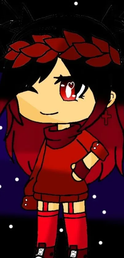 Anime character in red outfit with dark aesthetic and starry backdrop.