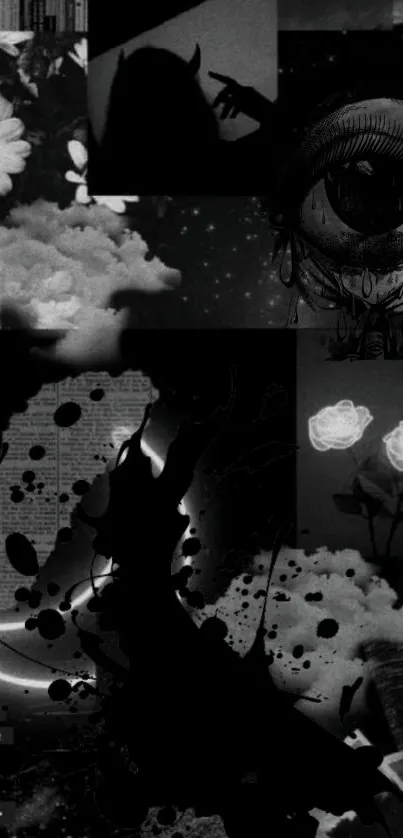 Dark aesthetic collage with monochrome elements, eye, and roses.