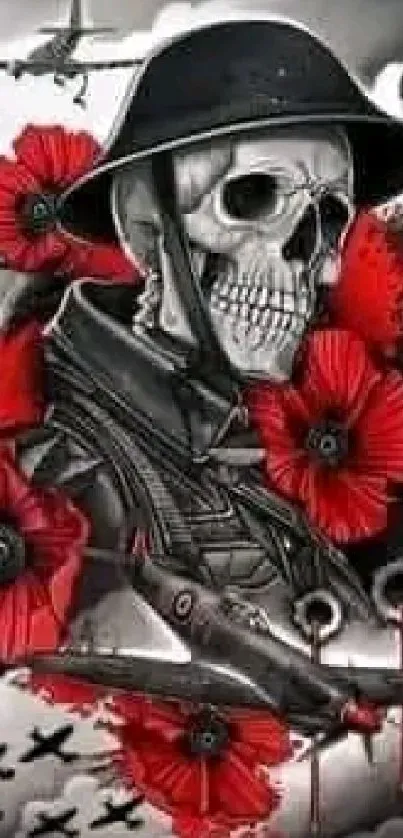 Gothic skull with red poppies and war elements.