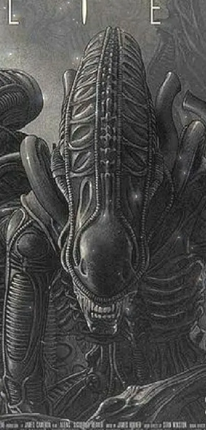 Alien-themed dark wallpaper with intricate designs.