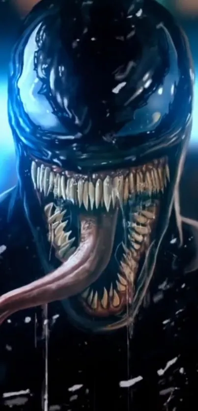 Dark alien monster with large teeth and tongue on black background.