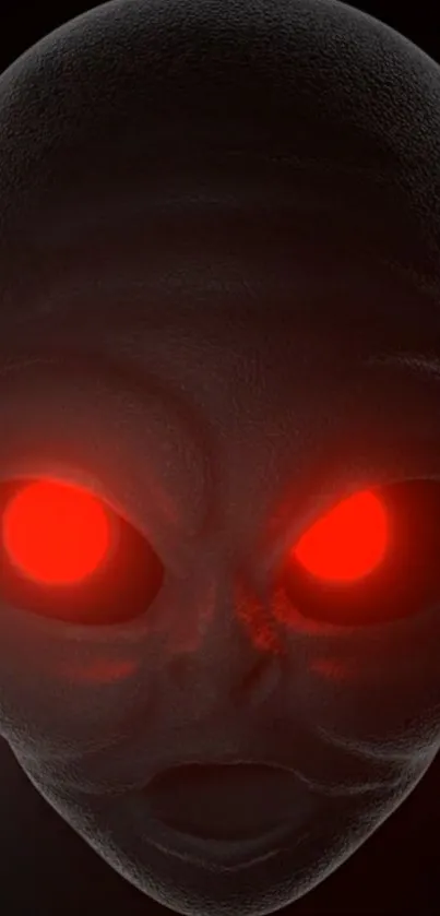 Dark alien head with glowing red eyes in shadow.