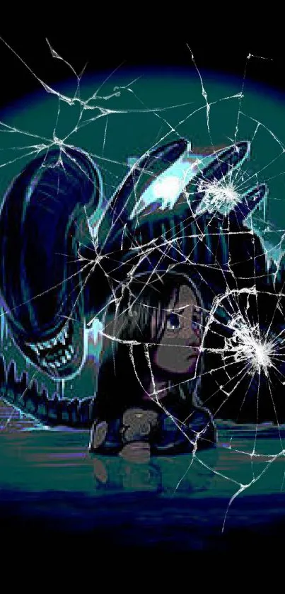 Dark alien and girl in water under blue glow wallpaper.