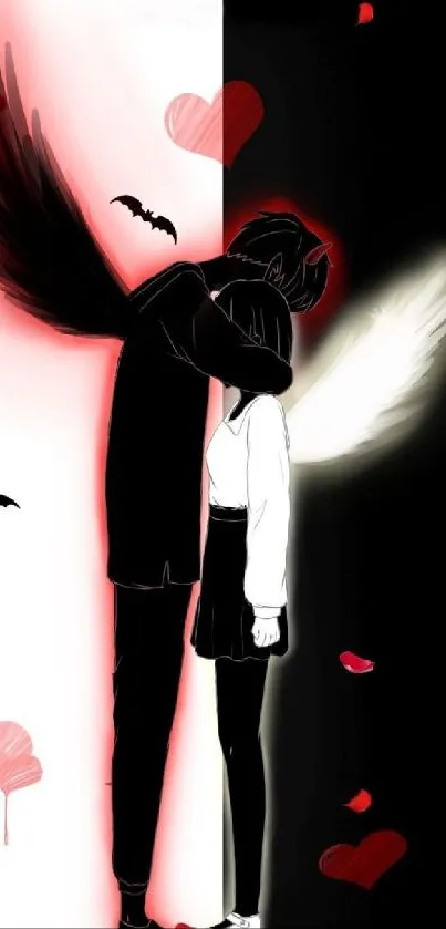 Dark and light angel embrace in anime style wallpaper with contrasting tones.