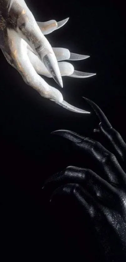 Dark and light hands with claws on a black background, artistic contrast theme.