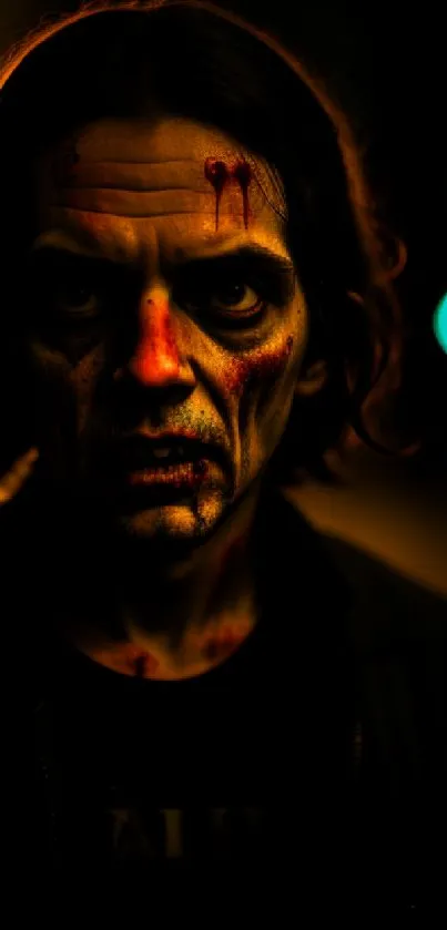 Dark portrait of a bloodied, hollow-eyed figure in low light.