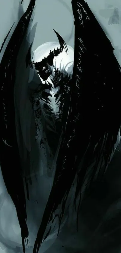 Dark abstract art featuring an angel with black wings.