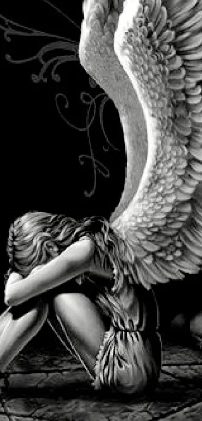 Black and white angel with wings sitting on skulls, gothic style art.