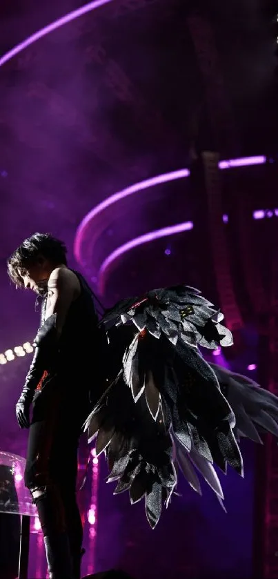 Dark angel with wings on a vibrant concert stage.