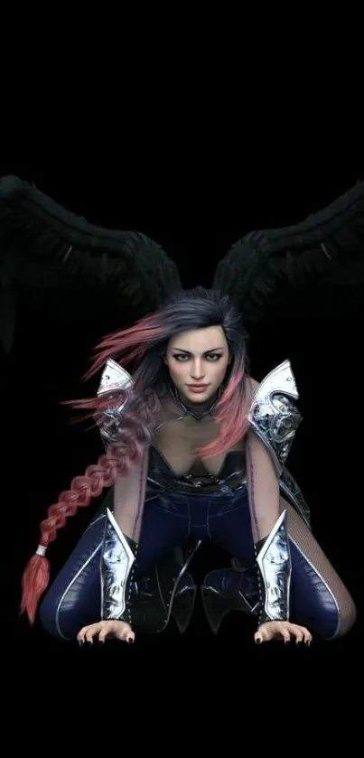 Dark angel with black wings crouching in fantasy artwork.