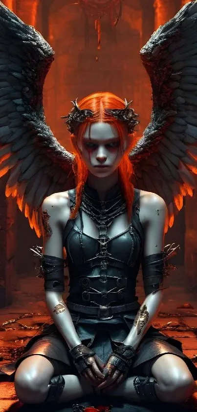 Dark angel with fiery hair and wings in a mystical fantasy setting.