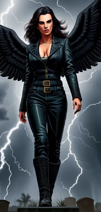 Dark angel with wings and lightning in a gothic fantasy scene.