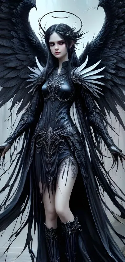 Dark fantasy angel with black wings in elegant attire for mobile wallpaper.