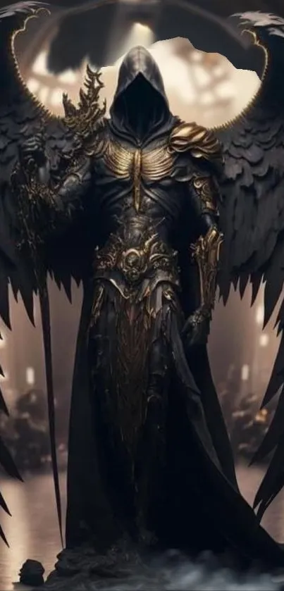 Dark angel in fantasy armor with wings, standing majestically.