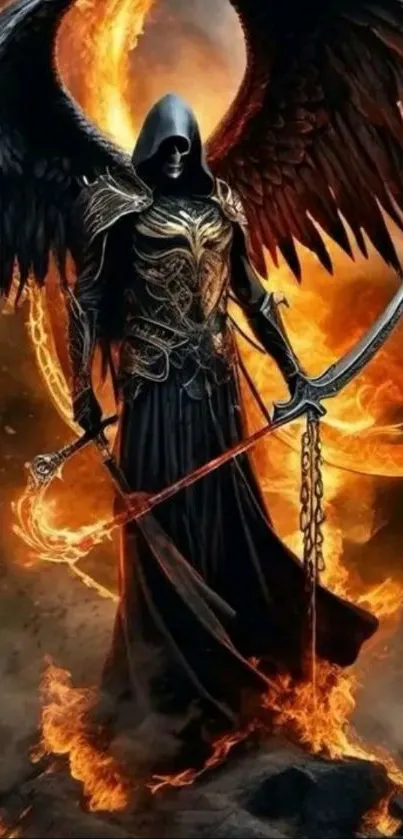 Dark angel with scythe and fiery backdrop.