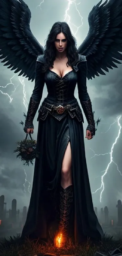 Dark angel with black wings in a stormy cemetery.