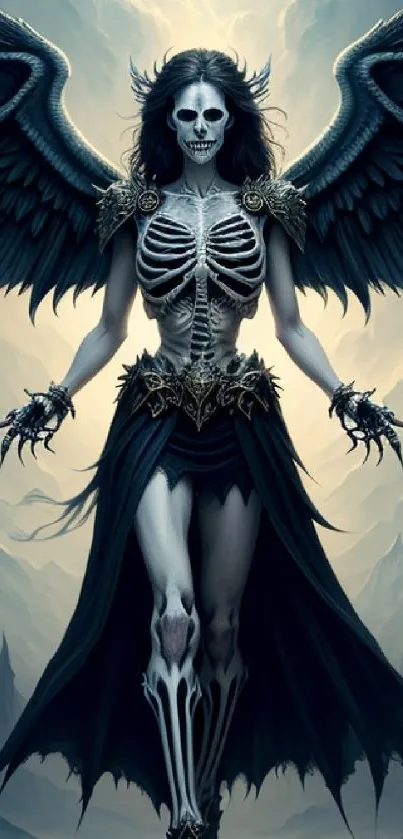 Dark angel with skeletal body and black wings in gothic artwork.