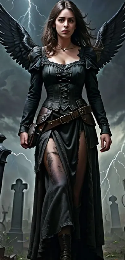 Gothic fantasy wallpaper featuring a dark angel in a graveyard setting.